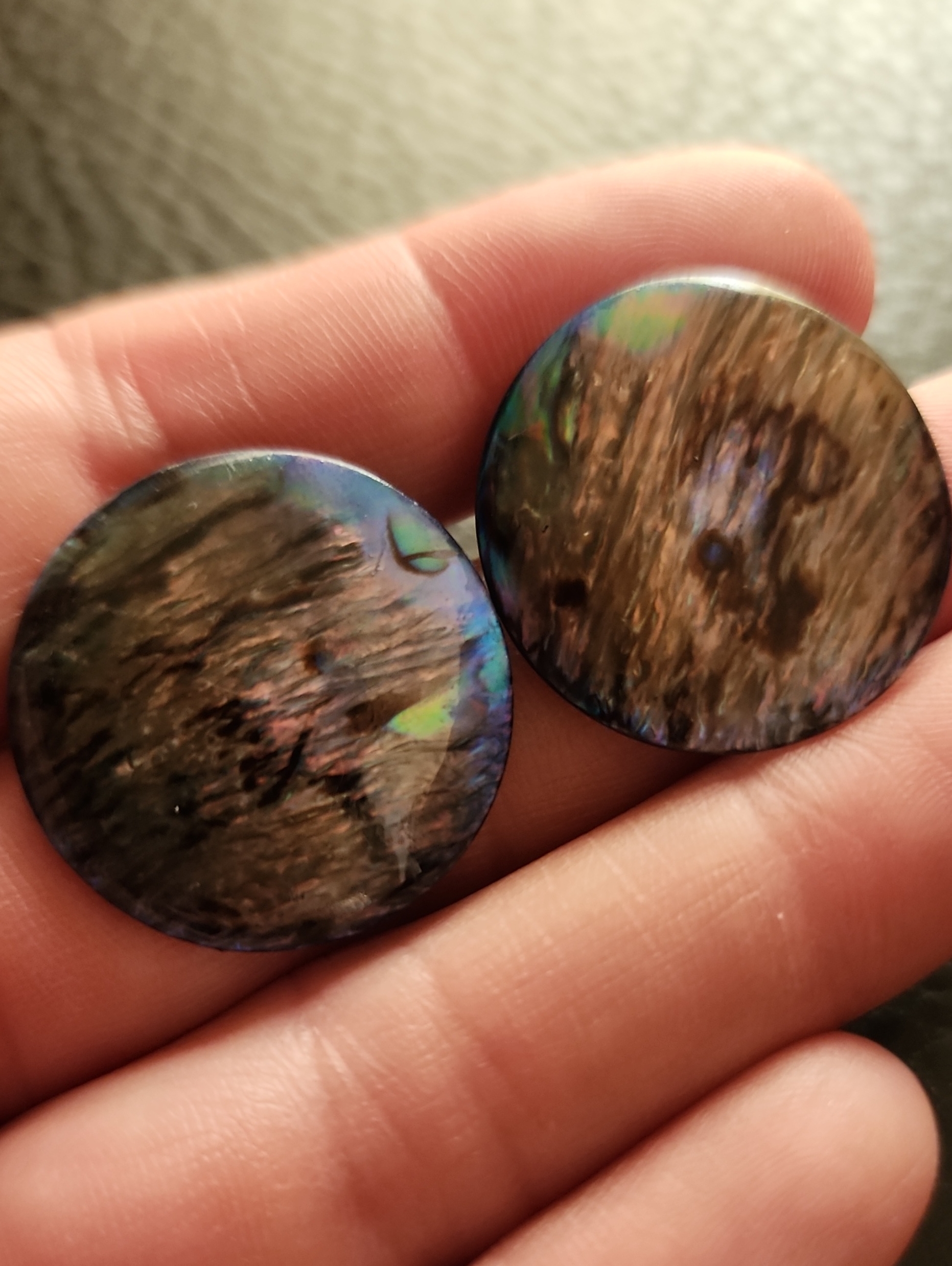Vtg Round Iridescent Abalone Shell Clip Earrings- Brown & Blue